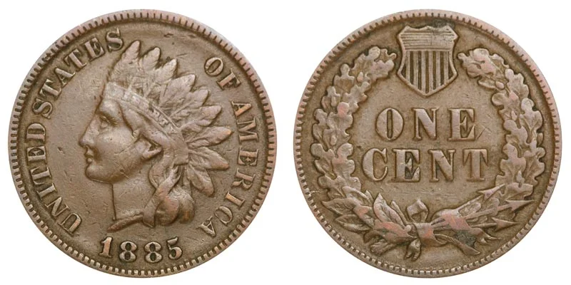 1885 Indian Head Penny obverse and reverse showing Lady Liberty in headdress and ONE CENT wreath reverse