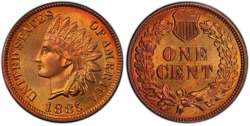 Close-up of 1885 Indian Head Penny DDO showing doubling on LIBERTY in the headband