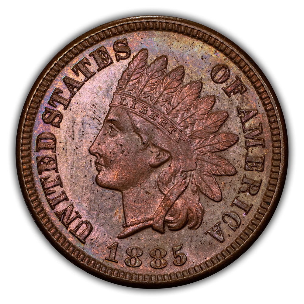 Magnified 1885 Indian Head Penny date area showing repunched date with secondary digit impressions