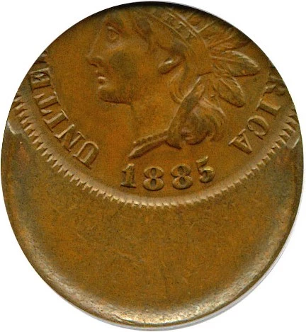 1885 Indian Head Penny off-center strike error with design shifted and blank copper crescent visible
