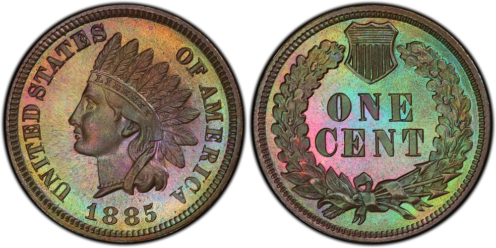 1885 Proof Indian Head Penny showing deeply mirrored fields and frosted Liberty portrait in original copper toning
