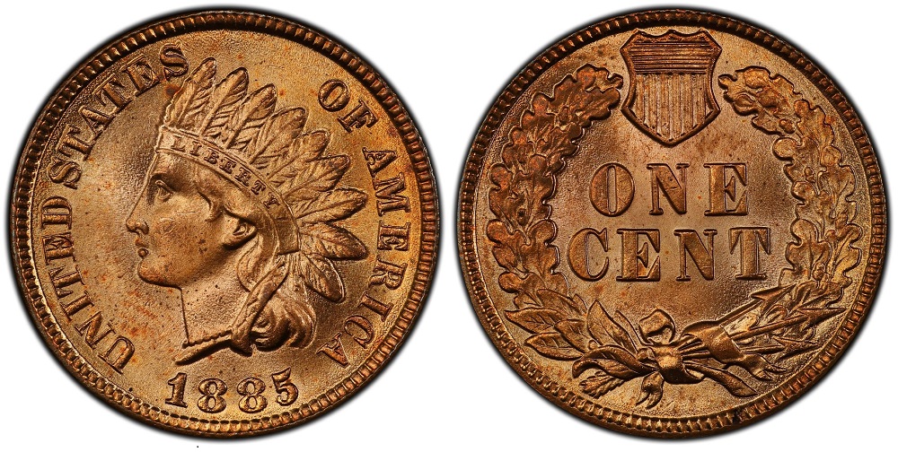 Historical Philadelphia Mint or group of 1885 Indian Head pennies in varying grades arranged on a numismatic display tray