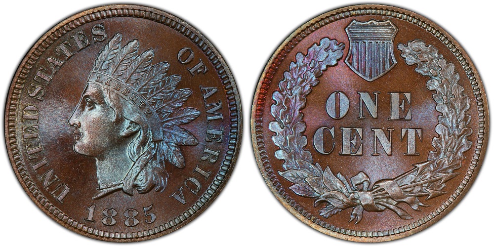 1885 Indian Head Penny grading strip showing four condition tiers from Good to Mint State side by side for comparison